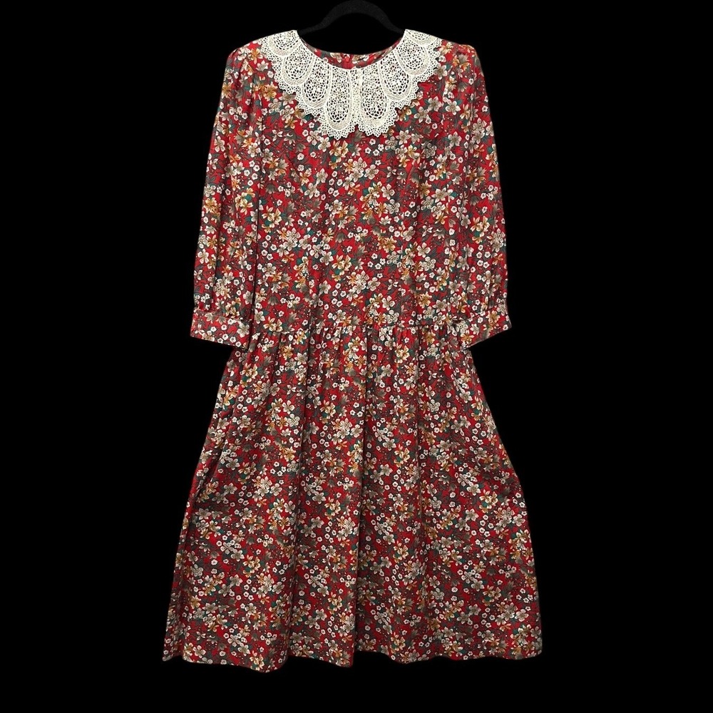 Lanz Originals Vintage Red Floral Drop Waist Dress Lace Collar 14 Cottage Granny